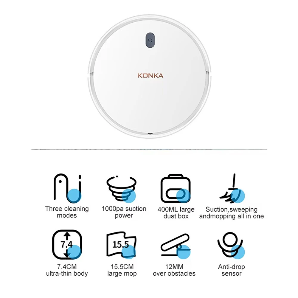 (image for) KONKA 3 In 1 1000pa Household Smart Sweeping And Mopping Vacuum Cleaner With 400ml Dustbin Capacity Automatic Charging for Home Office